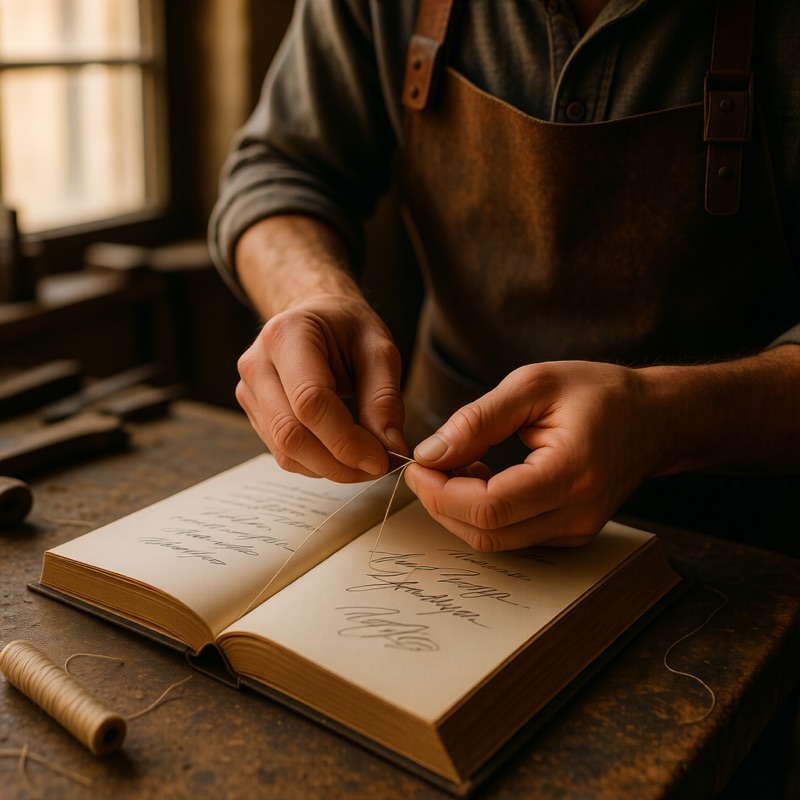 A bookbinder's hands stitching a signature with waxed thread, worn workbench, window light from the left, warm tones