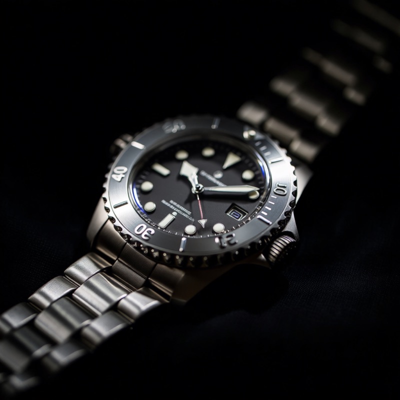 A brushed steel dive watch lying on dark linen, single hard light source, deep shadows, macro detail on the bezel