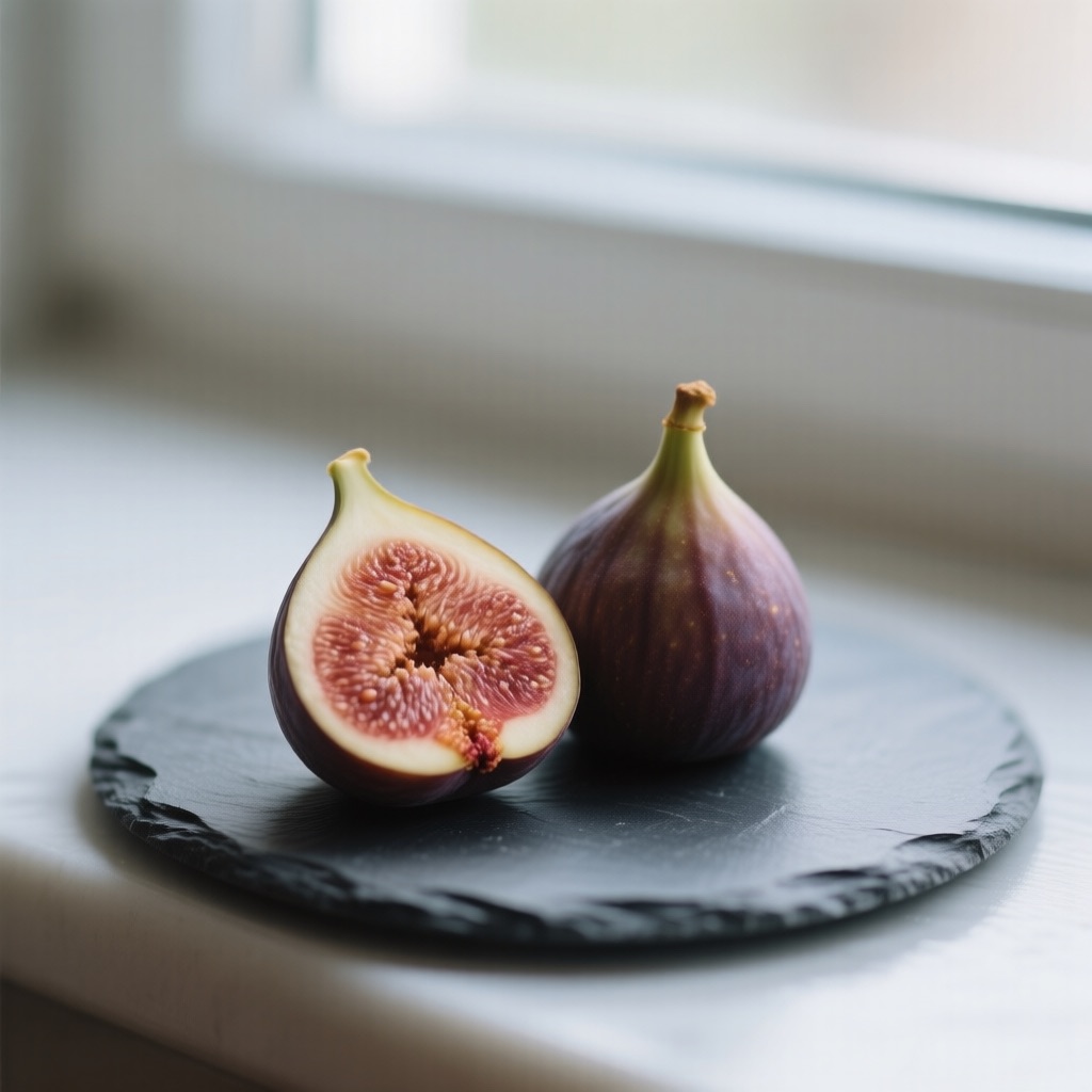 A single ripe fig cut in half on a slate plate, cold north window light, shallow depth of field